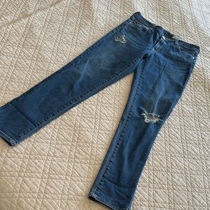 AG Blue Distressed Jeans; the Stevie slim stressed ankle jeans by AG; 28 Reg